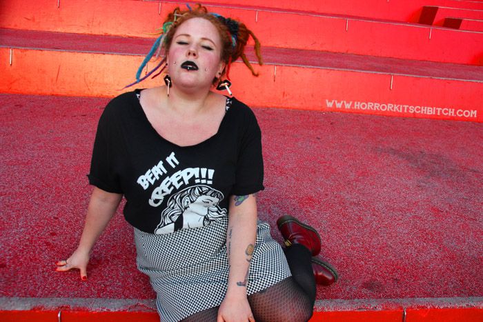 candy strike beat it creep john waters cry baby kobi jae horror kitsch bitch fat fatty girl tattooed plus-size bbw zombie scooter club inked dimples dreads ootd blog blogger aussie australian ootd chubby dreadlocks melbourne coloured colored rainbow 