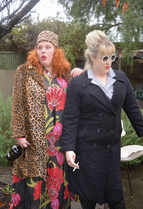 Kobi Jae of Horror Kitsch Bitch and Jacqueline Stewart of Fashion Pho, in their Eddie/Edina and Patsy (Absolutely Fabulous) inspired fashion outfits for the Alternative Curves plus size style blog hop themed monthly outfit challenge - ALTER EGO!