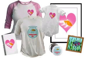 A small sampling of the unique goldfish and betta shirts, buttons, treasure boxes, prints, journals, babywear, and more available at Compassion Fashion. Featuring original artwork by Rosemary Amey.