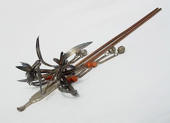 Iris on a Lovely Silver Kanzashi: Old Hair Pin Iris on a Lovely Silver Kanzashi: Old Hair Pin