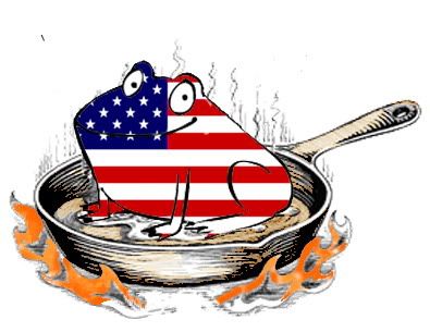 American frog in frying pan over fire cartoon