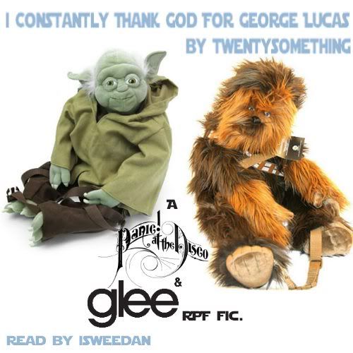 coverart! Chewbacca and Yoda backpacks sitting together with title/reader/author and 'a panic at the disco & Glee RPF fic' as captions