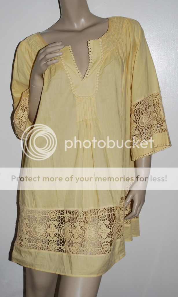 Woman Within Plus Size 2X Tunic Top Yellow Crochet Lace Peasant Shirt Blouse